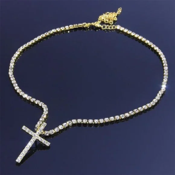 Big Cross Necklace Tennis Chain Crystal Rhinestone Choker Necklace Women Collar - Picture 8 of 8